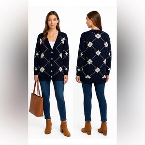 VTG Nordstrom Hand Framed Sweater Women Tailor Clothing 100% Wool Navy/Beige LGE